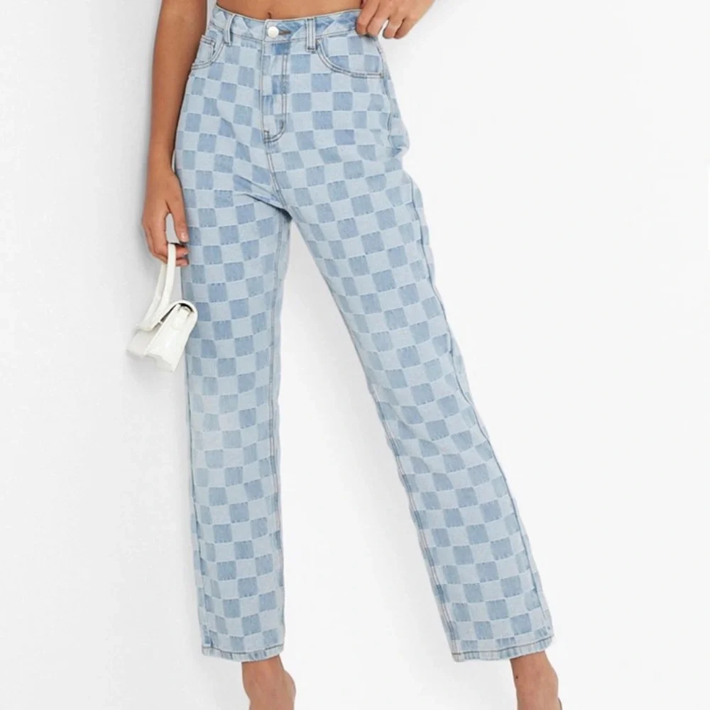 Boohoo Tessa Brooks Check Denim Slim Straight Jean - Picture 1 of 4